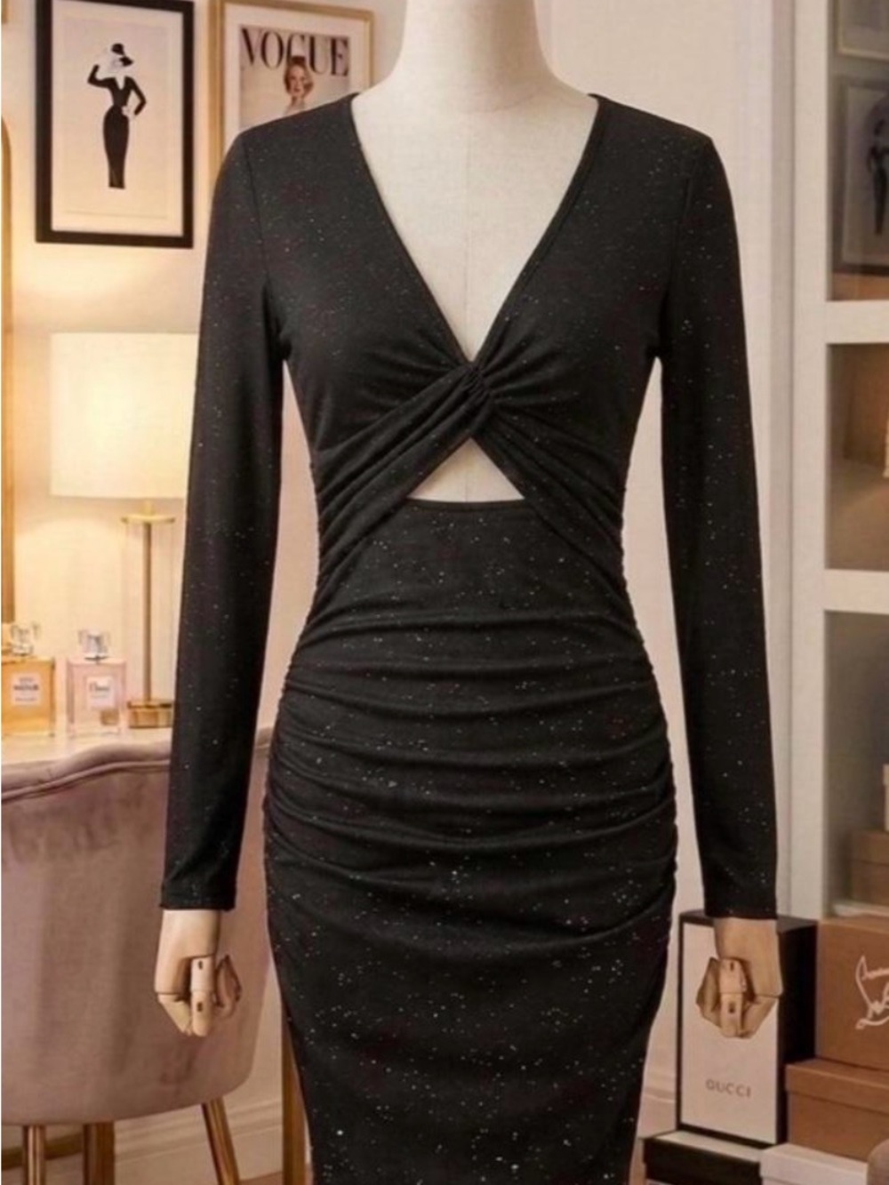 SHEIN Black Sparkle Twist-Front Long Sleeve Bodycon Dress